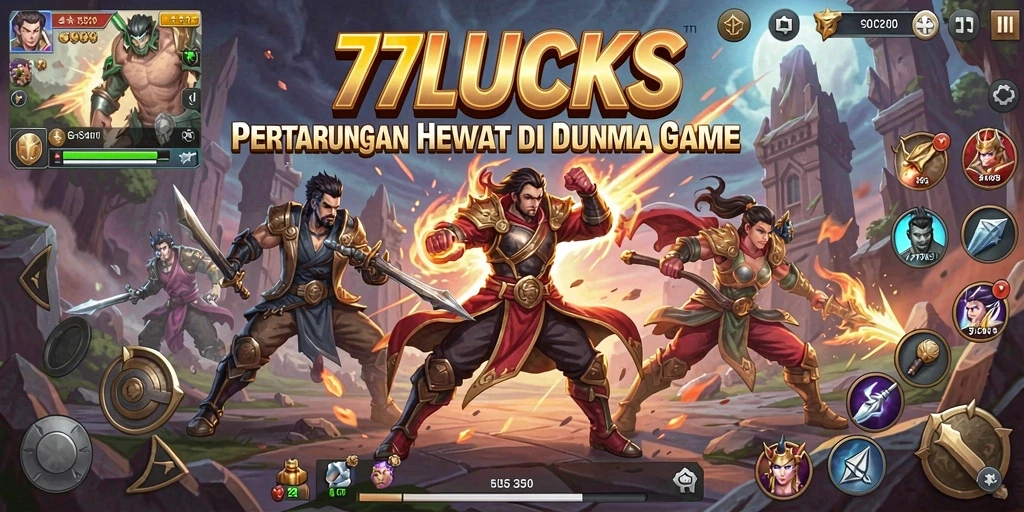 Tangkapan layar utama 77LUCKS menunjukkan duel karakter yang intens dan menegangkan.