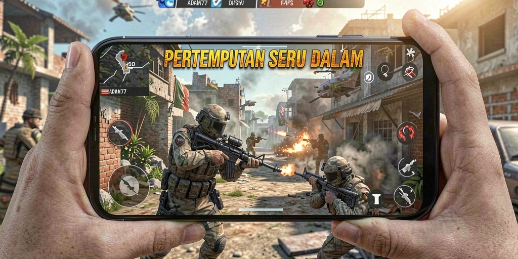 Screenshot utama ADAM77 menampilkan aksi tembak-menembak yang intens dan grafis menakjubkan.