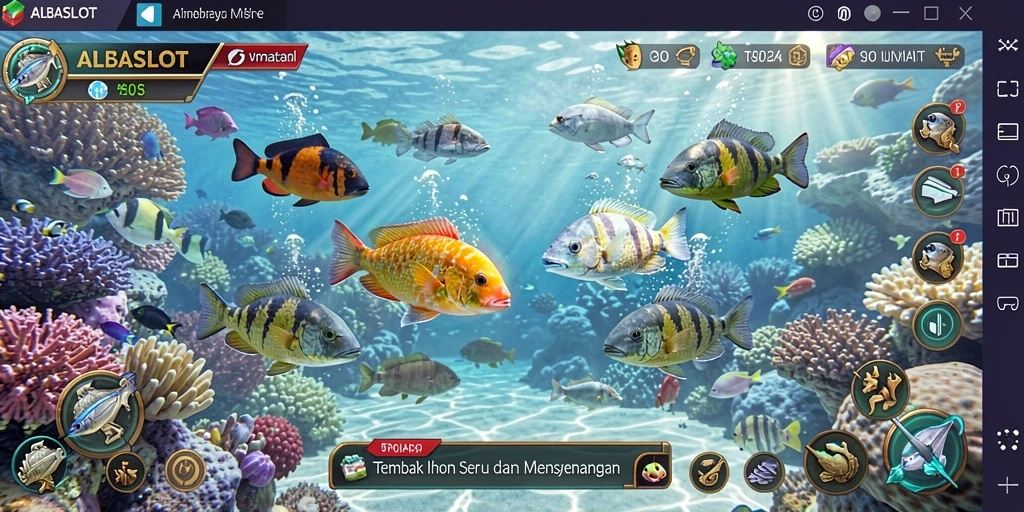 Gameplay seru ALBASLOT dengan berbagai ikan menarik.
