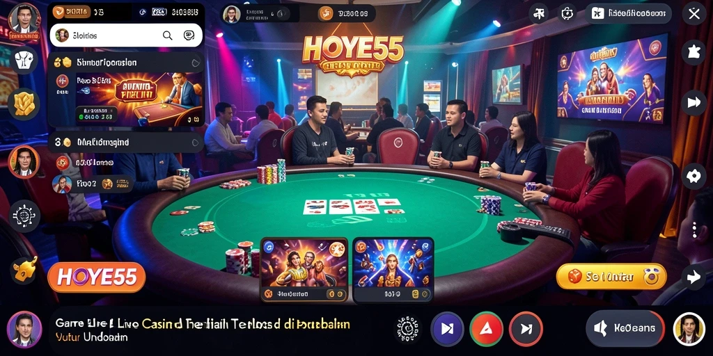 Tampilan gameplay HOYE55 dengan dealer live dan suasana kasino nyata.