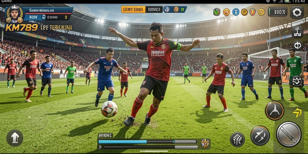 Screenshot gameplay KM789 dengan aksi sepak bola yang mendebarkan.