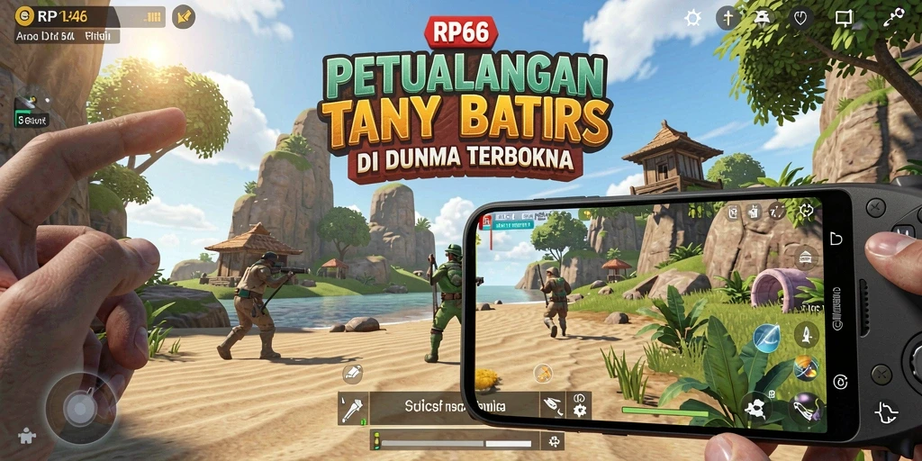 Screenshot menunjukkan pemain jelajahi dunia terbuka yang luas.